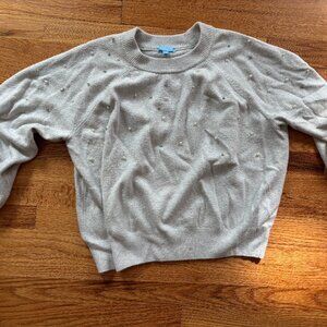 Draper James Soft Long Sleeve Grey Sweater with Pearl & Gem Embellishments